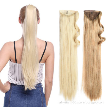 High Quality 24 inch Blonde Black Long Straight Drawstring Ponytail Hairpiece With Hairpins Synthetic Ponytail Hair Extensions